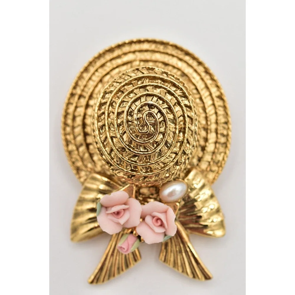 1928 Vintage Sun Hat Brooch Pin Pearl Pink Rose Bow Gold Chunky 1980s BinBK